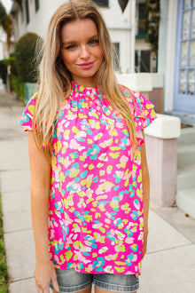  Feeling Femme in Pink Floral Print Frill Mock Neck Blouse