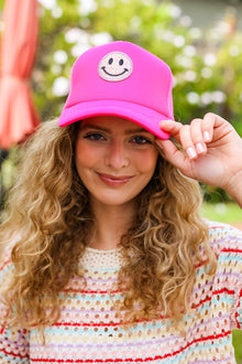  Neon Pink Glitter Smiley Face Mesh Trucker Hat