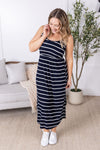 Reagan Ribbed Midi Dress - Midnight Navy Stripes