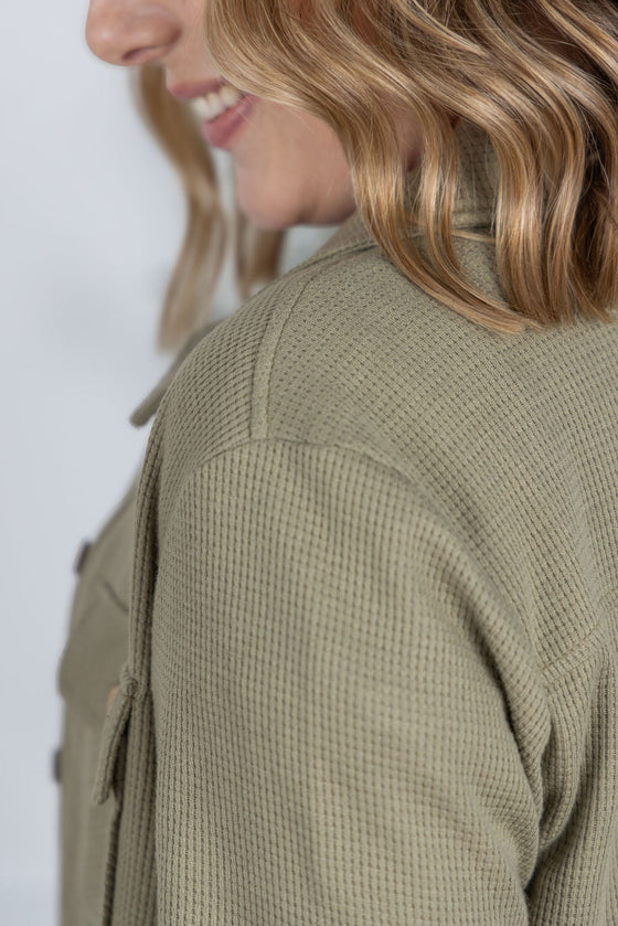IN STOCK Thermal Knit Button Top - Light Olive