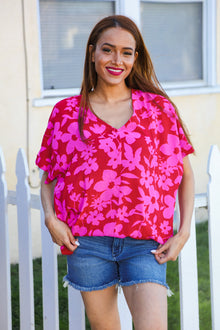  Tropical Trance Magenta Floral V Neck Woven Top