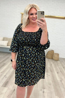  Black Floral Square Neck Dress