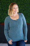 IN STOCK Striped Henley Long Sleeve - Dusty Teal