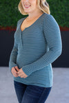 IN STOCK Striped Henley Long Sleeve - Dusty Teal