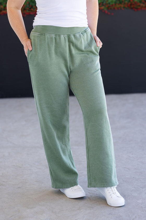 IN STOCK Wide Leg Vintage Wash Bottoms - Olive