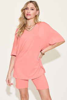  Basic Bae Bamboo Full Size  V-Neck Drop Shoulder T-Shirt and Shorts Set
