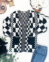 Long Checkered Pocket Cardigan - Black and White