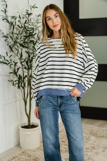  Cute in Comfort Crew Neck Pullover in White, Black and Denim