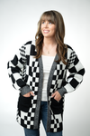 Long Checkered Pocket Cardigan - Black and White