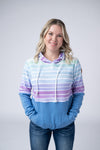 Hailey Pullover Hoodie - Rainbow Stripes and Blue