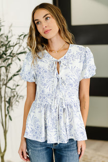  Dainty Lil' Thing Balloon Sleeve Blouse in Ivory/Blue