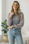 I've Got the Blues Floral Smocked Blouse
