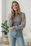 I've Got the Blues Floral Smocked Blouse