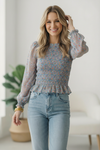 I've Got the Blues Floral Smocked Blouse