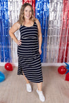 Reagan Ribbed Midi Dress - Midnight Navy Stripes