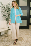 I'm Really That Gal Open Front Blazer in Aqua