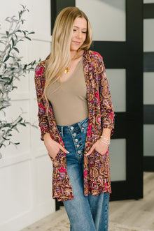  Lizzy Cardigan in Chocolate Paisley
