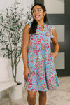 Lizzy Forever Flutter Sleeve Dress in Blue and Pink Paisley Floral