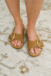 Lizzy Slip On Buckle Strap Sandal in Tan