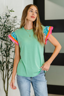  Petals & Poise Floral Flutter Sleeve Top in Green