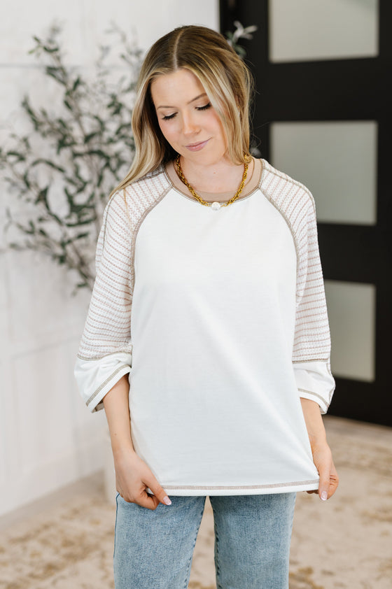 Preoccupied Striped Sleeve Top in Tan