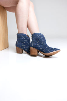  Twilight Studded Heeled Ankle Boot in Denim