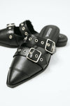 Usual Pointy Toe Double Buckle Flat in Black