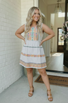Embroidered Stripe Tiered Mini Dress