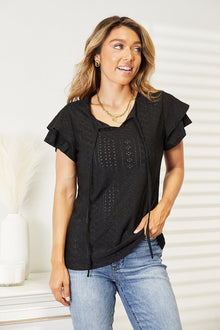  Double Take Eyelet Tie-Neck Flutter Sleeve Blouse